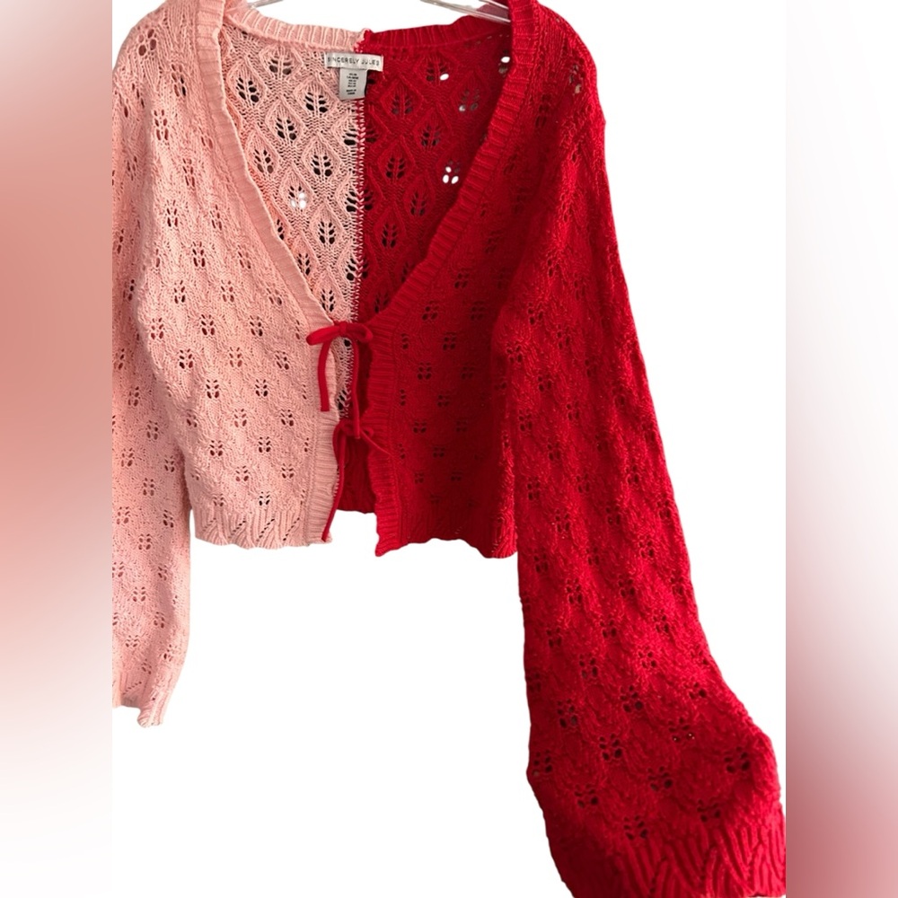 Sincerely Jules color block two tone lace knit crop cardigan pink & red M - Picture 4 of 8